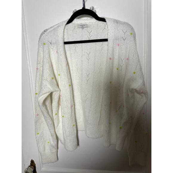 FRNCH Paris White Lightweight Rosette Embroidered Floral Cardigan Sweater Medium - Picture 2 of 9